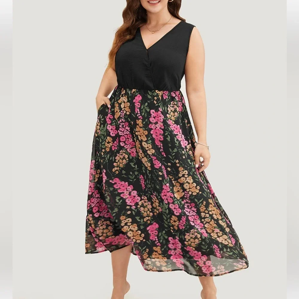 NWT!Black patchwork contrast pocket flutter hem wrap tank dress size 12 …